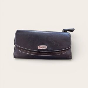 Authentic Fossil Black Leather Long Checkbook Card Holder Wallet